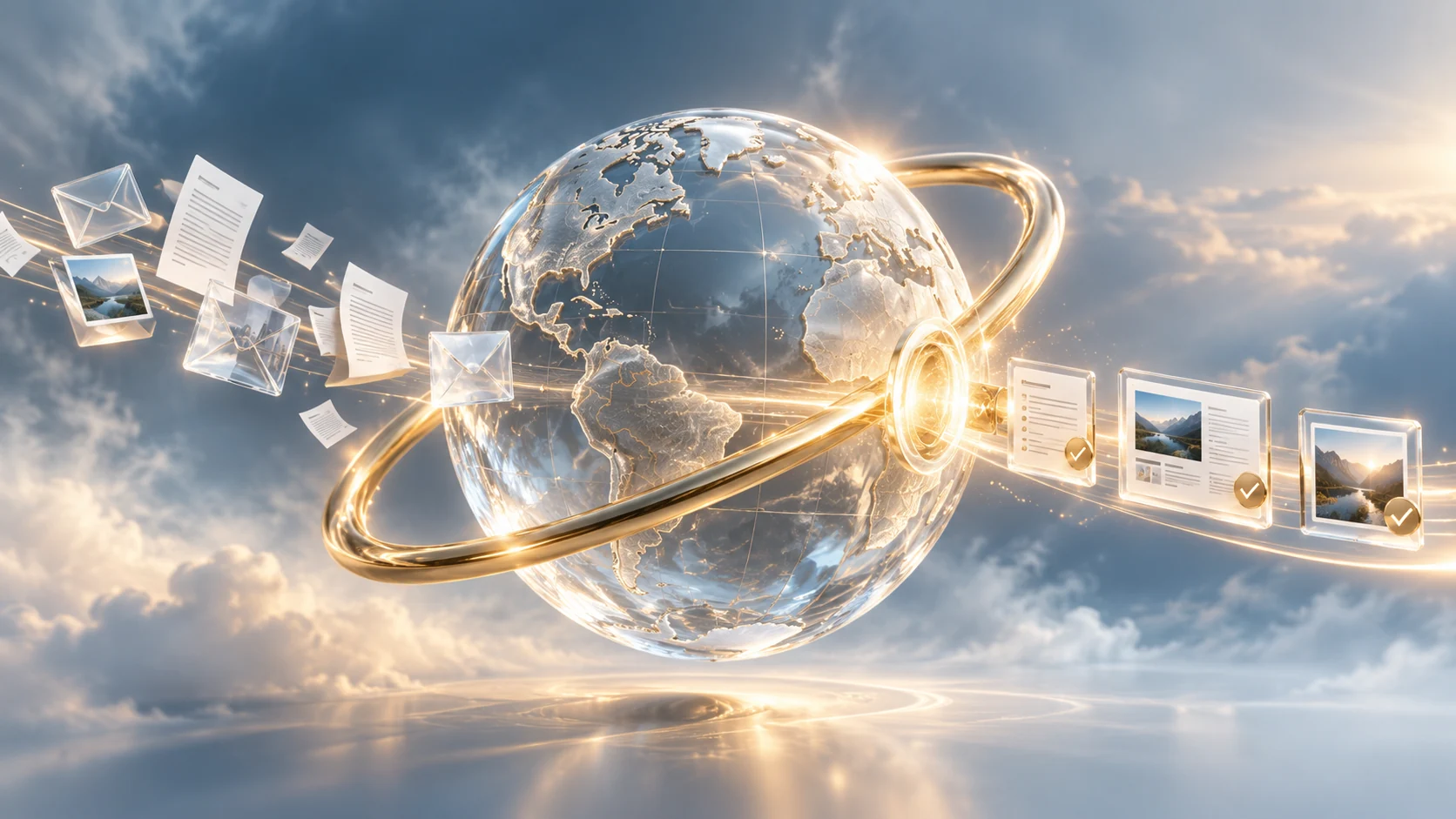 Un planeta de cristal con un anillo dorado transforma tareas en materiales organizados.